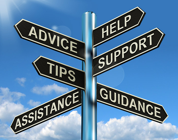 directional sign pointing to advice, tips, support